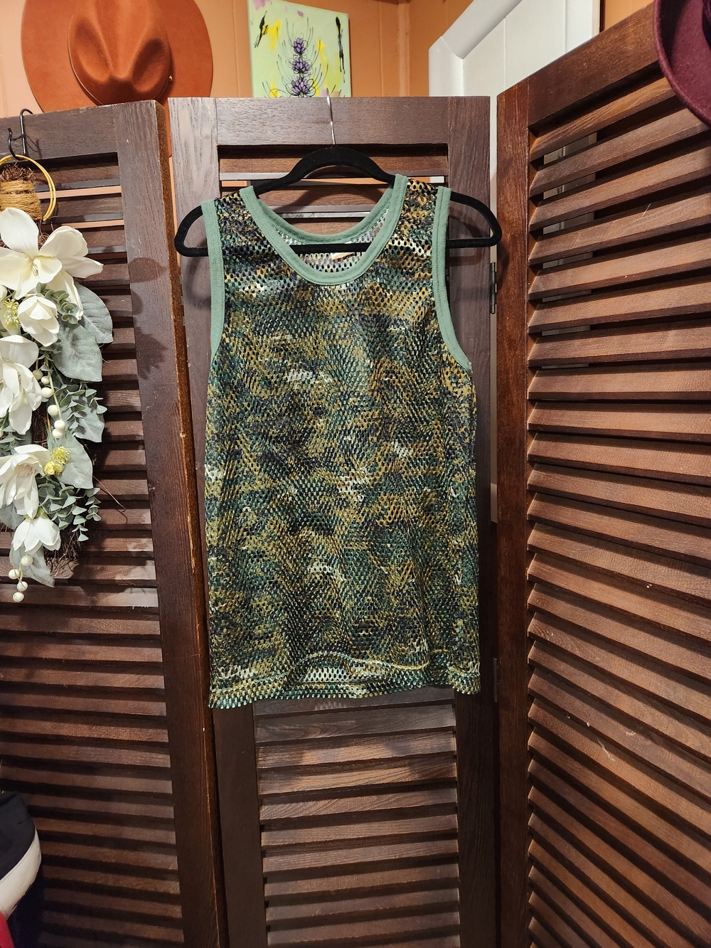 Vintage Green Camo Mesh Sleeveless Tank Top